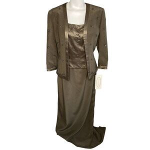 ALFRED ANGELO 2Pc Green Brown Beaded Jacket & Dress Sz 8‎ Formal MOB NEW